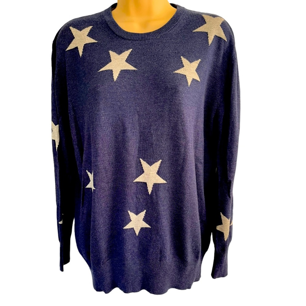 Magaschoni Navy Star Print Crewneck Sweater Women's M Lightweight Knit